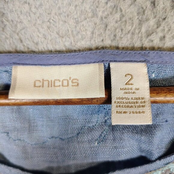 Chicos Top Women 2 Blue Ombre 100% Linen Lace Beaded Fringe V-Neck Blouse Preppy - Picture 7 of 13